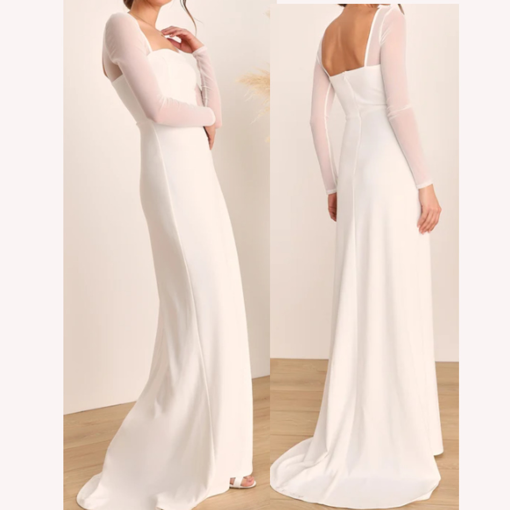 LULU'S Sz L Lovingly Yours White Mesh Long Sleeve Bridal Maxi Dress NEW B36